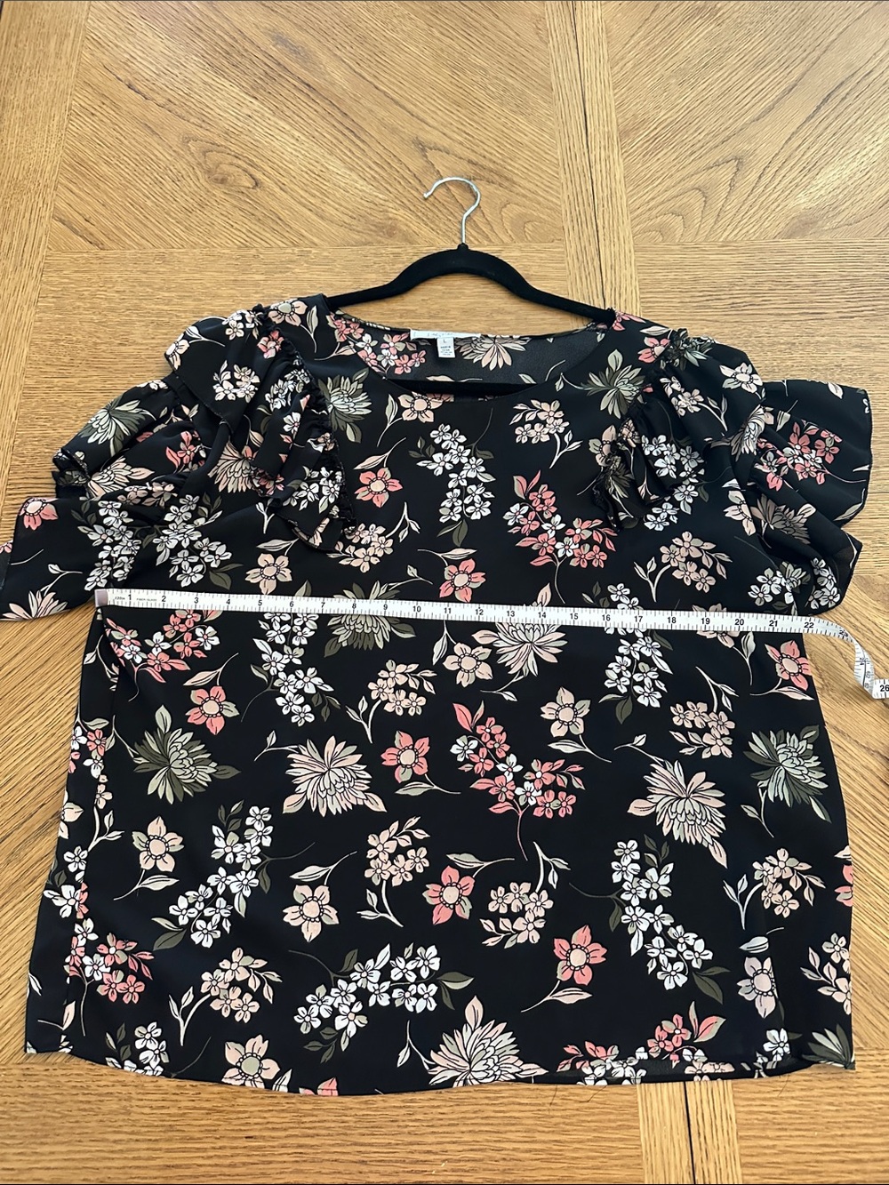 libby. edelman Black Floral Ruffle Sleeve Blouse with Pink and Cream Blooms